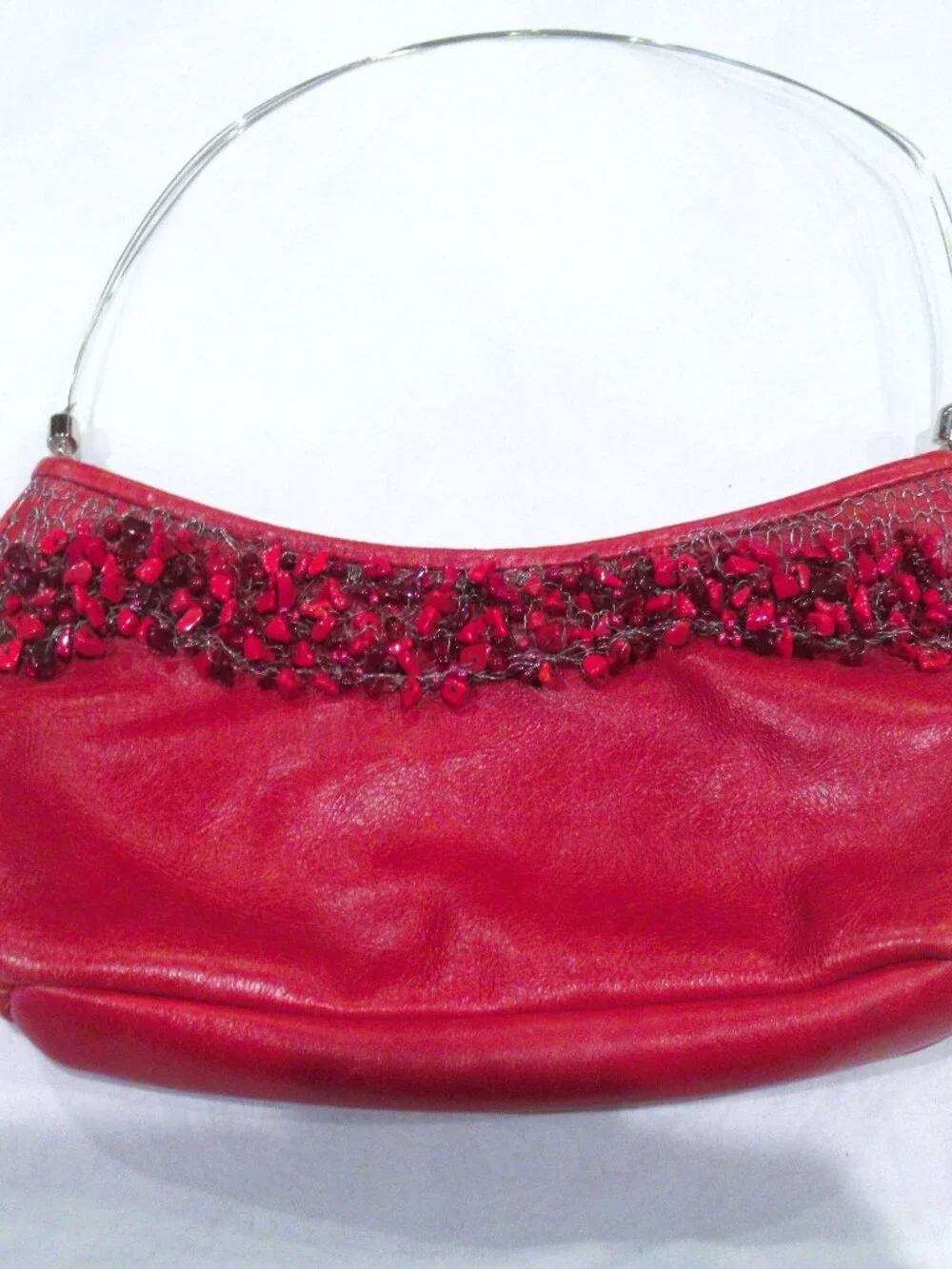 Almas red leather purse, red beaded trim